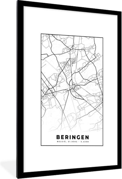Fotolijst incl. Poster Zwart Wit- België – Beringen – Stadskaart – Kaart – Zwart Wit – Plattegrond - 60x90 cm - Posterlijst