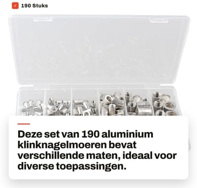 Dailygoods- Klinknagelmoeren 190 Stuks - Aluminium - Platte Kop - M3/M4/M5/M6/M8/M10 - Opbergdoos - Lichtgewicht - Moeren
