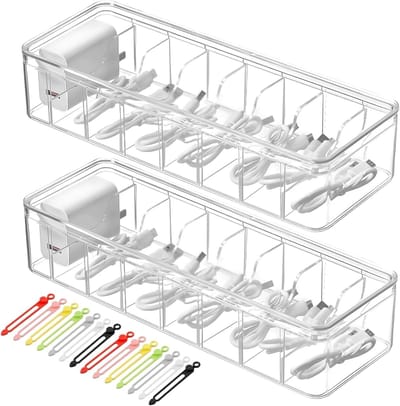 Kabelopbergdoos met 8 Compartimenten en 24 Kabelbinders, Transparante Organizer voor Kabels en Accessoires in Kantoor of Thuis