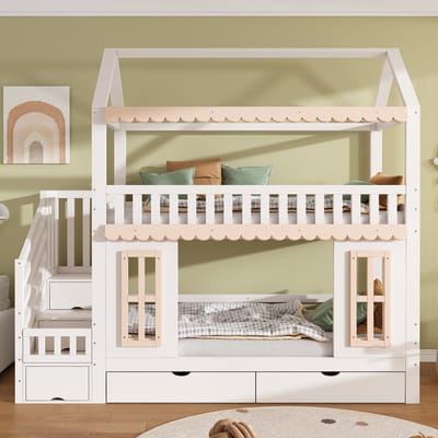 HAUSS SPOLE Stapelbed 90x200 cm - Kinderbed In Huisvorm Met Opbergtrap En 2 Laden - Zonder Matras - Hout - Wit Naturel