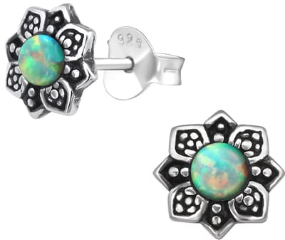 Joy|S - Zilveren bloem oorbellen - 7 mm - groen geel moon yellow - massief - Bali oorknoppen