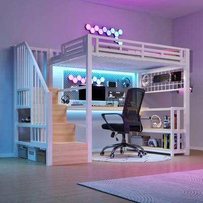 Hoogslaper - 90x200 cm - Met LED En Bureau En Opbergtrap Met USB En Type-C - Metaal - Wit