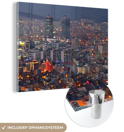® Glasschilderij 160x120 cm - Schilderij acrylglas - Schemer boven skyline downtown Daejeon Zuid-Korea - Foto op glas - Muurdecoratie woonkamer - Wanddecoratie slaapkamer - Schilderijen