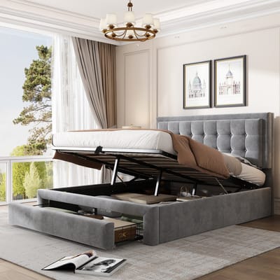 SINGULARITY-Bed met opbergruimte en lades- fluwelen stof- gestoffeerd bed- lattenbodem- tweepersoonsbed- veel opbergruimte- 140 x 200 cm- grijs- zonder matras