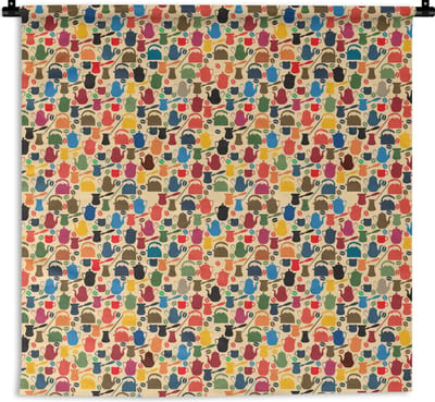 Wandkleed - Wanddoek - Patronen - Koffie - Theepot - Retro - 180x180 cm - Wandtapijt