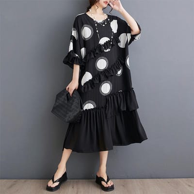Dames Plus Size Lente Zomer Oversized Stijl Jurk Chiffon Elegant Print Zwarte Lange Jurk Losse Damesjurk One Size gray