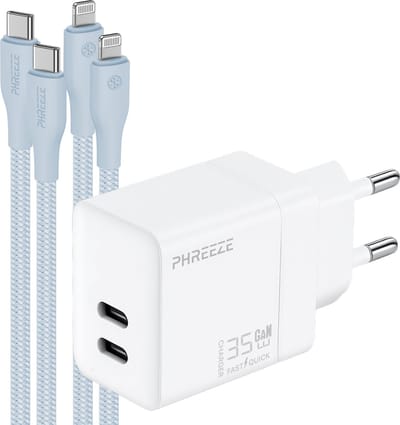 Phreeze usb C snellader geschikt voor iPhone en iPad - Met Lightning kabel - Dual port GaN oplader 35 W met 2 kabels blauw