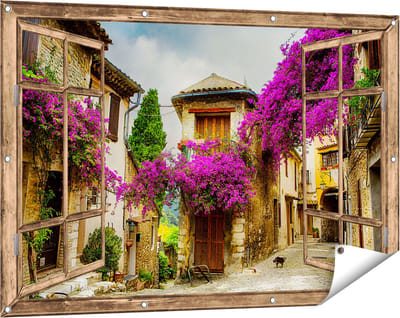 Gards Tuinposter Doorkijk Frans Dorpje - 120x80 cm - Tuindoek - Tuindecoratie - Wanddecoratie buiten - Tuinschilderij