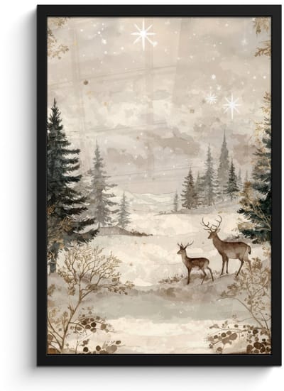 Poster in lijst - Fotolijst 40x60 cm - Posters - Bos - Herten - Winter - Sneeuw - Posterlijst zwart - Decoratie - Wanddecoratie woonkamer - Muurdecoratie slaapkamer