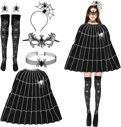 Halloween Kostuum Spinnenweb Jurk Poncho Set met Spinnenmasker, Haarband, Sieraden en Kousen voor Vrouwen - Perfect voor Halloween Feest en Themafeestjes