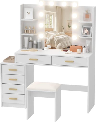Kaptafel met spiegel - Kapset met kruk - Make-up aanbrengen - Instelbare LED-verlichting - 120 x 40 x 140 cm