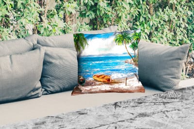 Buitenkussen Weerbestendig - Schilderij - Olieverf - Strand - Palmboom - Boot - 50x50 cm