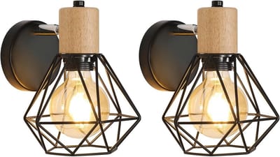 Vintage Wandlamp Zwart Kooi Design met Houten Accent 180° Verstelbaar