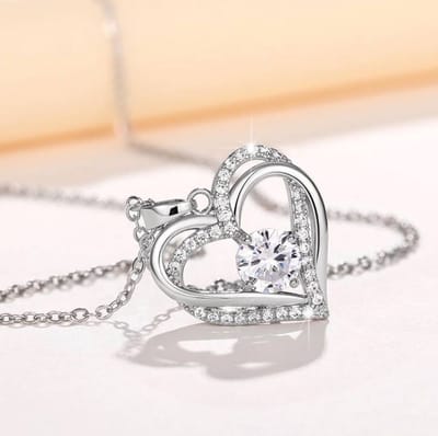 Ketting dubbele hart met zirkonia verzilverd 925