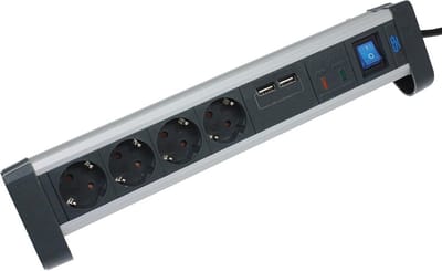 Aluminium 4-Weg Stopcontactdoos met Overspanningsbeveiliging en Schakelaar - Zwart, 1,5 M Kabel