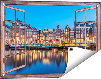 Gards Tuinposter Doorkijk Amsterdamse Huisjes in de Avond met Lichten - 60x40 cm - Tuindoek - Tuindecoratie - Wanddecoratie buiten - Tuinschilderij