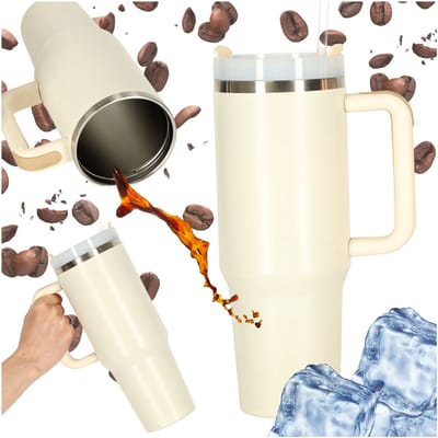 IKONKA - Crème - 40oz - Travel Cup - RVS Thermosbeker met Handvat en Rietje - Drinkbeker To Go - 1.2 Liter - Koffiebeker - Travel Mug - Thermosbeker - Thermosfles - Thermoskan