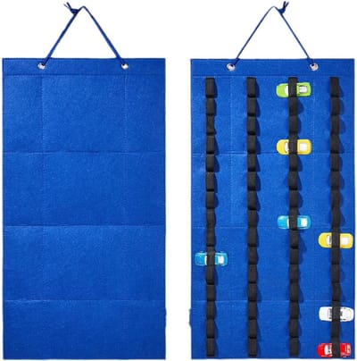 Opbergzak voor Speelgoed met 60 Compartimenten, Hangende Organizer voor Speelgoedauto's, Vilt Vouwbaar, 66 x 36 cm, Blauw