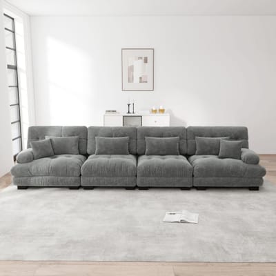Intebiki hoekbank - Vierzits - Modulair ontwerp - Hoogwaardige schuimvulling - Moderne woonkamerbank - Luxe chenille stof - Drukbestendig en duurzaam - 406x77x81 cm - Grijs fluweel