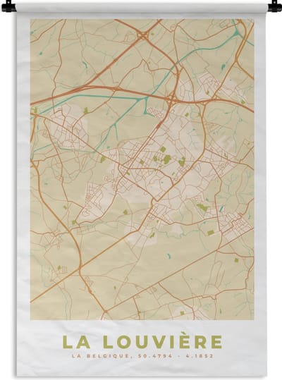 Wandkleed - Wanddoek - Plattegrond - Vintage - La Louvière - Kaart - Stadskaart - 120x180 cm - Wandtapijt