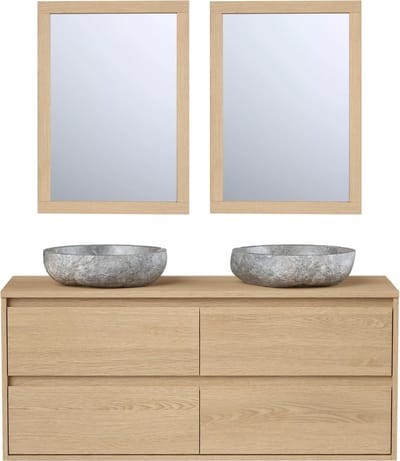 Vente-unique Badkamermeubel met dubbele wastafel van steen met spiegel - Eikenfineer - 120 cm - MILIPAM