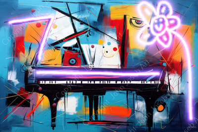 John Joseb Art (Aluminium) 120x80 | Piano, Herman Brood stijl, abstract, kleurrijk, neon, kunst | rood, geel, blauw, muziek, muziekinstrument, modern | foto-schilderij op dibond, metaal wanddecoratie