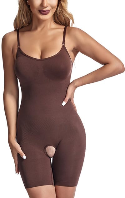 Bodysuit - Maat M - Corrigerende Body met pijpjes dames - Full body shaper dames - shapewear body - Naadloos - Open kruis - High waist shaper - Bruin - LOUZIR