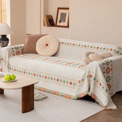 Couverture de Canapé Bohème avec Pompon Tissu Chenille Anti-griffures de Chat Housses de Canapé Universelles Couverture de Fauteuil Tapis de Pique-nique S 180x130cm white