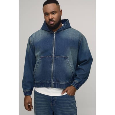 Plus Gewassen Denim Hoodie Met Rits | Mid Blue | Size 2XL