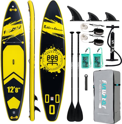 DIMICO - Sup Board Opblaasbaar - Inflatable Stand Up Paddle Board Set - Outdoor Watersport - Geel/Zwart - 385x85x15 cm -