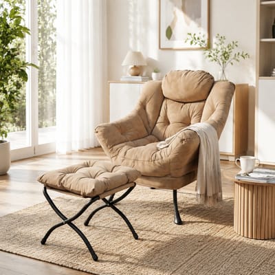 Ligstoel - Fauteuil & Poef Set - Ontspanningsstoel - Relaxstoel - Loungestoel - Comfortabele TV-stoel - Kaki