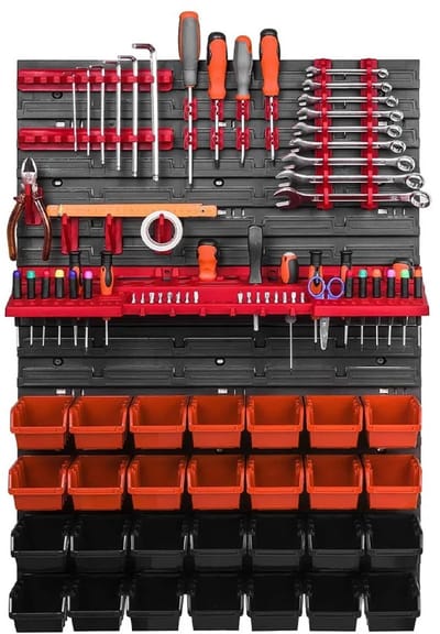 DIMICO - Opbergsysteem Gereedschap - Opbergrek - Wandorganizer Garage - 49-Delig met 28 Vakken - Wandpanelen - Gereedschapshouders