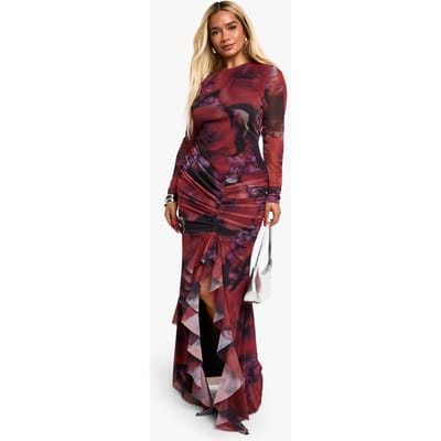 boohoo Dames Plus Floral Mesh Ruffle Ruched Maxi Jurk | Red | Maat: 26