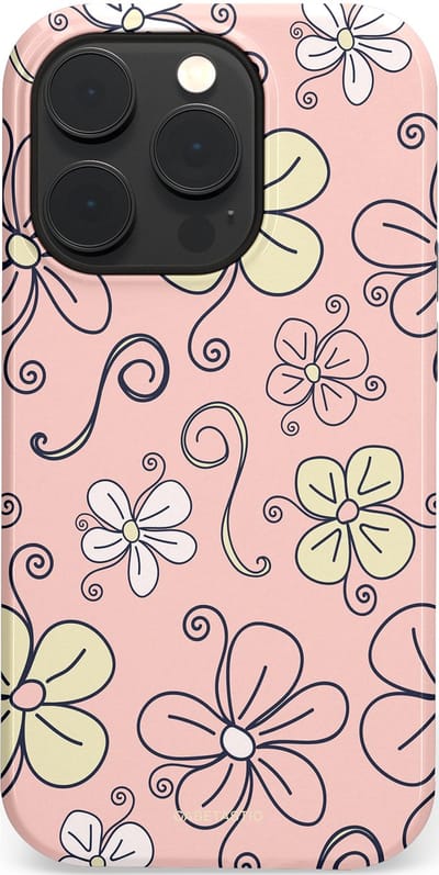 Casetastic hoesje geschikt voor Apple iPhone 14 Pro - MagSafe - Dubbellaagse bescherming - Pastel Perzik Doodle Peach Bloemen - Fashion Case - Zand Zilver Lichtroze