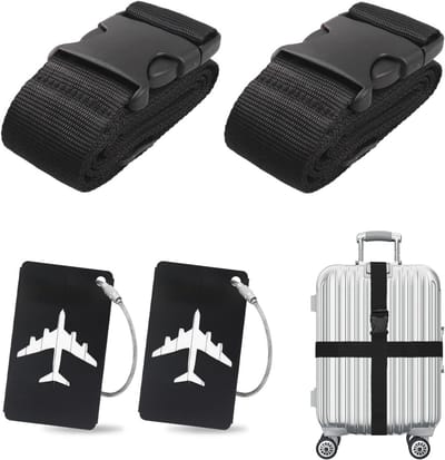 SnelShoppen - 4-delige Kofferband Set, Luggage Strap met Gepersonaliseerde Identificatie, Zwart Gepakt voor Snelle Herkenning van Bagage, Reisaccessoi