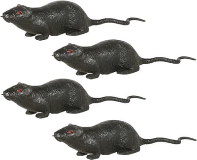 Grote plastic rat - 4x - donkergrijs - 20 cm - met rode ogen - enge namaak dieren - Halloween/horror decoratie/versiering