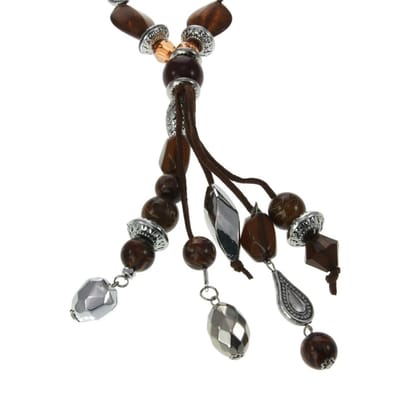 Behave - Lange kralen ketting - Bruin, zilverkleur - 61 cm, hanger 19,5 cm