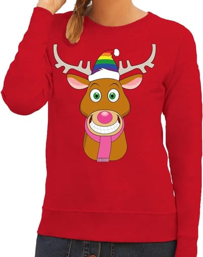 Foute kersttrui / sweater Gay Ruldolf met regenboog muts en roze sjaal rood voor dames - Kersttruien XS