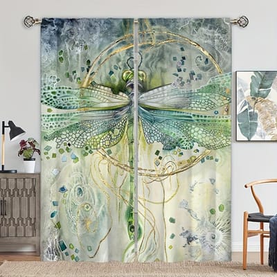 2 stuks Groene Libellenpatroon Gordijnen Decoratieve Raamgordijnen Raamdecoratie Voor Slaapkamer Woonkamer Huisdecoratie Kamer 100W130H(CM)40x51in&Grommet Top