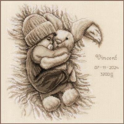 Vervaco - Telpakket kit - Geboorte - Sepia - Baby met knuffelkonijn - PN-0202245 - Borduren - Borduurpakket - Borduurpakket geboorte - Borduurpakket volwassenen