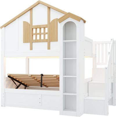Stapelbed - Hoogslaper - Kinderbed - Huisbed - Hydraulisch - Opbergtrap - LED - Kasteelbed - Kinderkamer - 90x200 cm - Lattenbodem - Wit Natuur