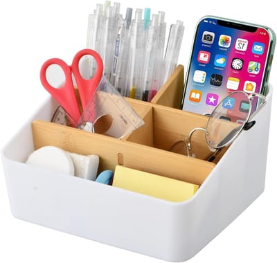 Bureau-organizer van bamboe met 5 verstelbare compartimenten, pennenhouder, opbergoplossing voor kantoorbenodigdheden, cosmetica en afstandsbedieningen (Wit)