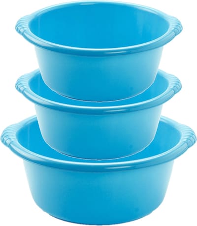 Voordeelset multifunctionele kunststof ronde teiltjes blauw in 3-formaten - 10-15-20 liter inhoud