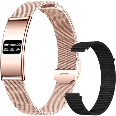 WizBay Premium Select® Smart Bracelet 2026 - Ultradun 2,8 mm - Hartslag en SpO2 - Slaapmonitor - 5ATM Waterdicht - Fitness Tracker - IPS Screen - Android en iOS - Goud - RVS Gouden Band en Gewoven Zwarte Siliconen Band