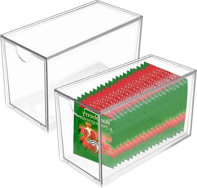 Stapelbare opbergdoos voor theezakjes met uittrekmechanisme, ideaal voor kantoor en keuken, 16,5 x 9,9 x 7,6 cm, 2 transparante laden voor efficiënt opbergen van theezakjes en kruiden