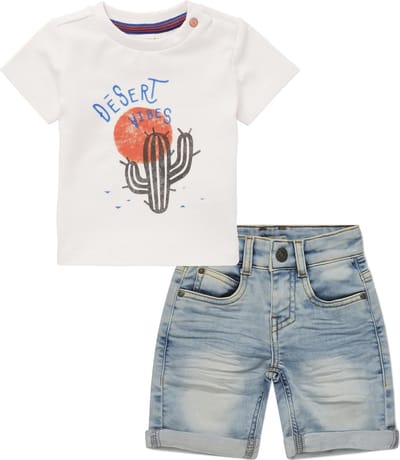 Noppies - Koko Noko - Kledingset - 2delig - Short Blue Jeans - Shirt Totnes White Sand - Maat 80