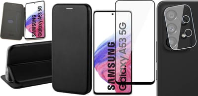 Hoesje geschikt voor Samsung Galaxy A53 - Book Case Kunstlederen Wallet Cover Minimalistisch Pasjeshouder Hoes Zwart - Full Tempered Glass Screenprotector - Camera Lens Protector