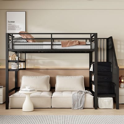 Pugsdrly Hoogslaper, 90*200 cm, planken, opbergladder, vrije ruimte onder het bed om te kleden, veiligheidshek, zonder matras, zwart