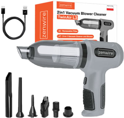 Zenwire TwinAir L3 Kruimeldief - Draadloze Handstofzuiger & Air Duster 2-in-1 - Auto Stofzuiger - 6000 Pa - 90W - HEPA - USB-C - 6 Opzetstukken