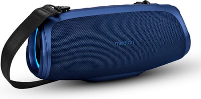 MEDION P61746 draagbare Bluetooth luidspreker (oplaadbare batterij, bass boost, RGB lichteffecten, IPX7 waterbescherming & robuust, geïntegreerde powerbank, 2x 15 W RMS) Blauw